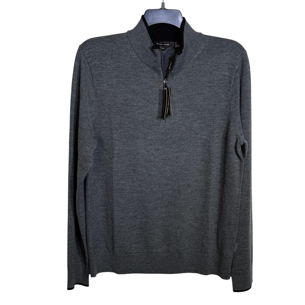 Michael Kors Men's Mod-Fit Tipped 1/4-Zip Merino Wool Sweater Ash L $178
